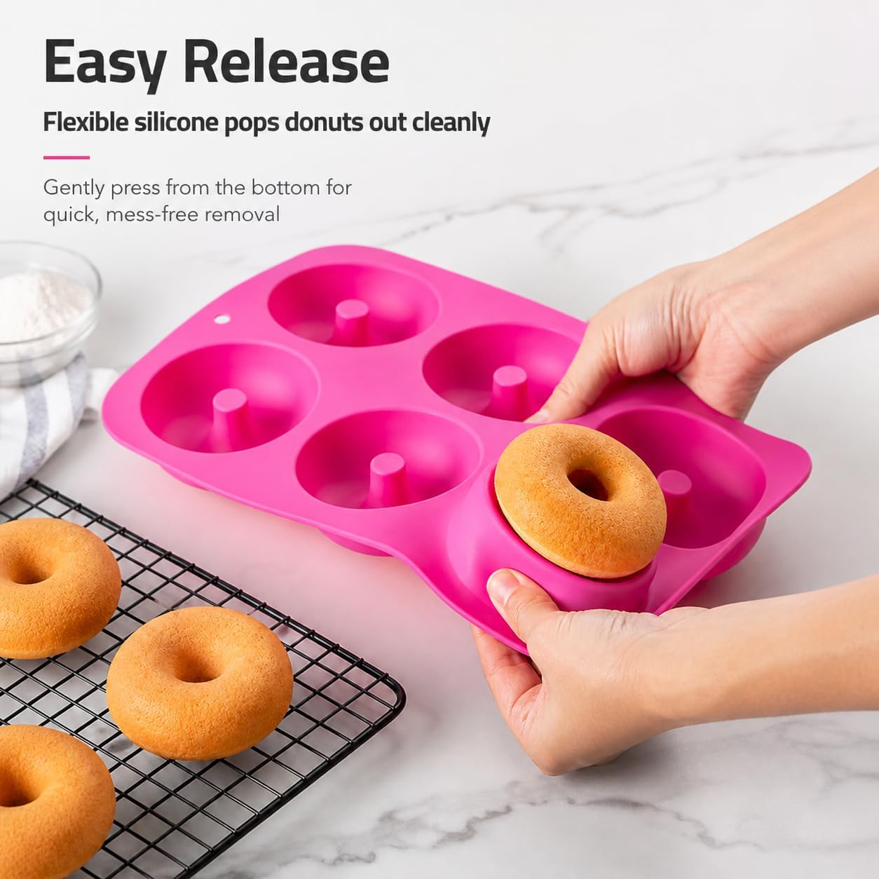 Silicone Donut Mold, 6 Cavity Non-Stick Doughnut Baking Pan – Food-Grade BPA-Free Flexible Silicone, Pops Out Easily, Oven Microwave Freezer & Dishwasher Safe (Donuts (3PK))