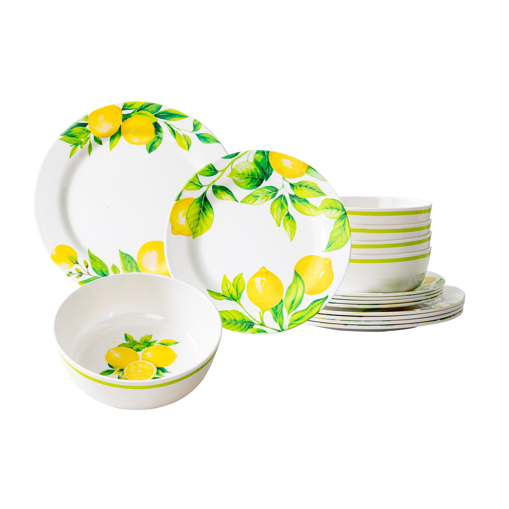 Unbreakable Lemon Melamine Dinnerware Set - 12 Pieces Melamine Bowl And Plates Set, Break Resistant, Lightweight, Dinnerware for Indoors and Outdoors, Dishes for Party Picnic Summer, Multicolor