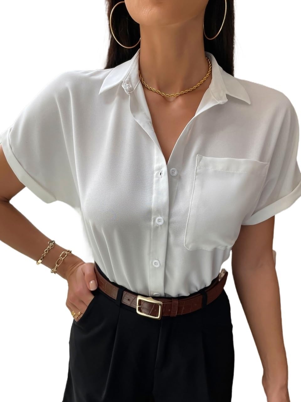 Women's Classic-Fit Shirt Printed Blouse With Pocket And Single Breasted