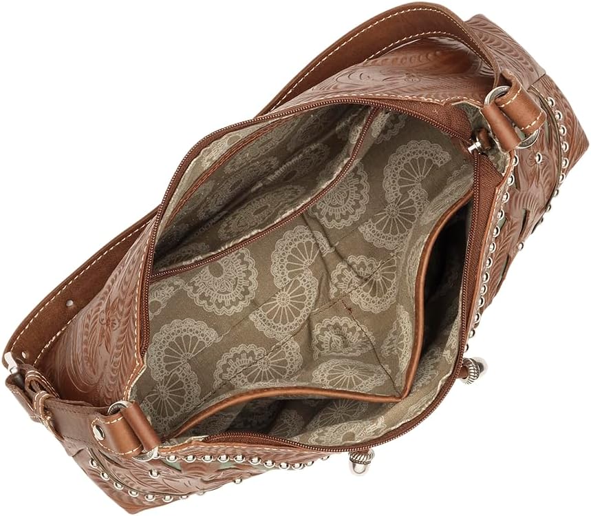 American West Womens Lady Lace Hobo Medium Brown Leather Handbag Bag