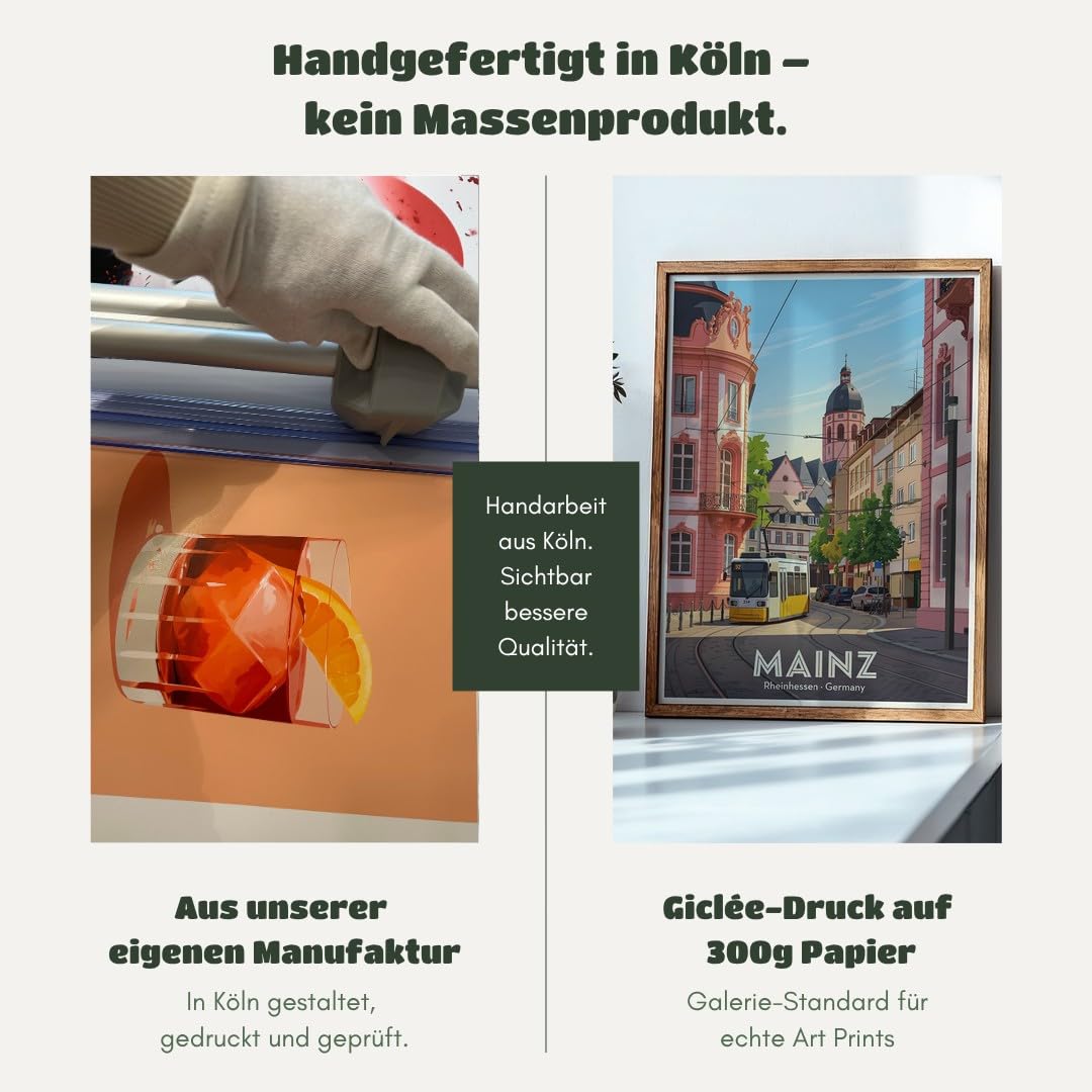 MJ-GRAPHICS® Kunstdruck Mainz Rheinhessen Tram Wandbild Architektur Stadt Pastellfarben Wohnzimmer Deko klassisch urban Fine Art Poster Straßenszene A2 mit beigem Rahmen