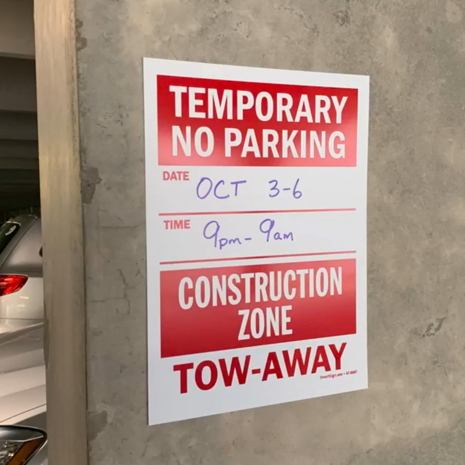 Smartsign Temporary No Parking - Construction Zone, Tow-Away Write-On Sign | 9" x 12" Polystyrene Plastic (Pack of 5), Made in USA