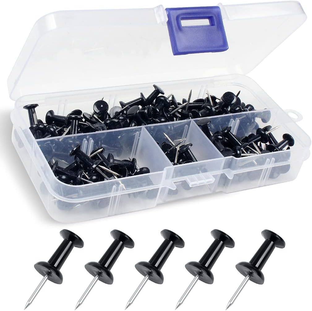 Push Pins, 100 Pcs Reusable Drawing Pins with Solid Plastic Storage Box, Rustproof Thumb Tacks for Cork Notice Pinboard Bulletin Board - School & Office Use (Black)