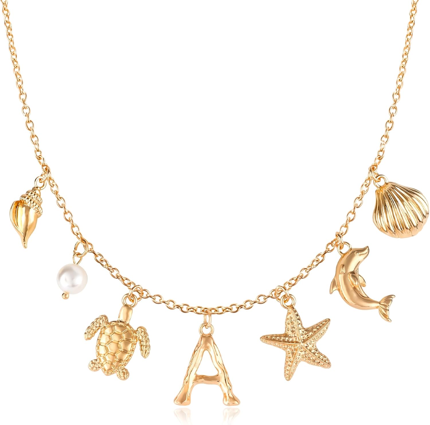 Initial Charm Necklace For Women, Boho Gold Summer Beach Surfer Letter Necklace Starfish Seashell Pearl Turtles Dolphin Charms Pendant, Trendy Pendant Alphabet Choker Necklace Jewelry Gifts for Teen