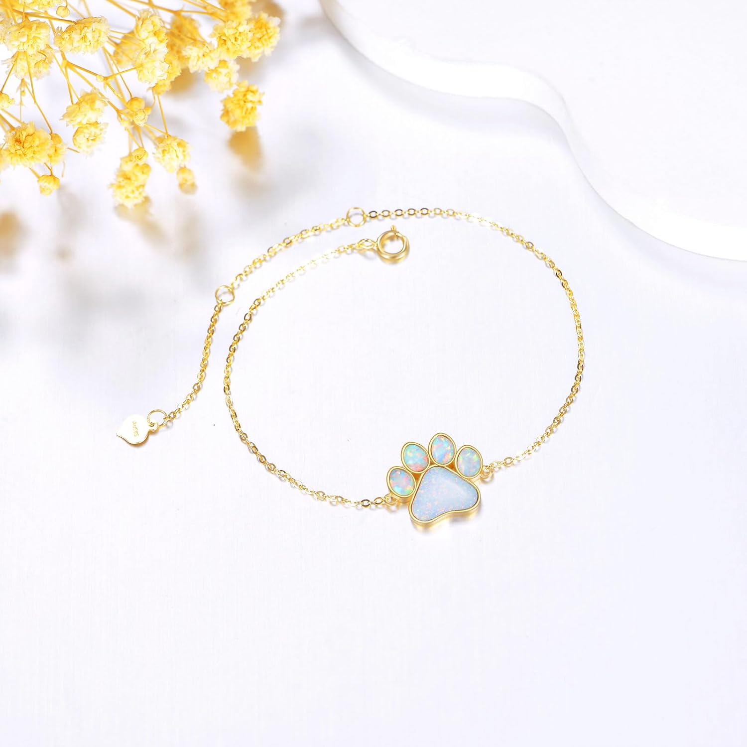 DOVRAN 14K Real Gold Paw Print Bracelet for Women Solid Yellow Gold Animal Lover Jewelry Birthday Gifts for Wife Mom Friends