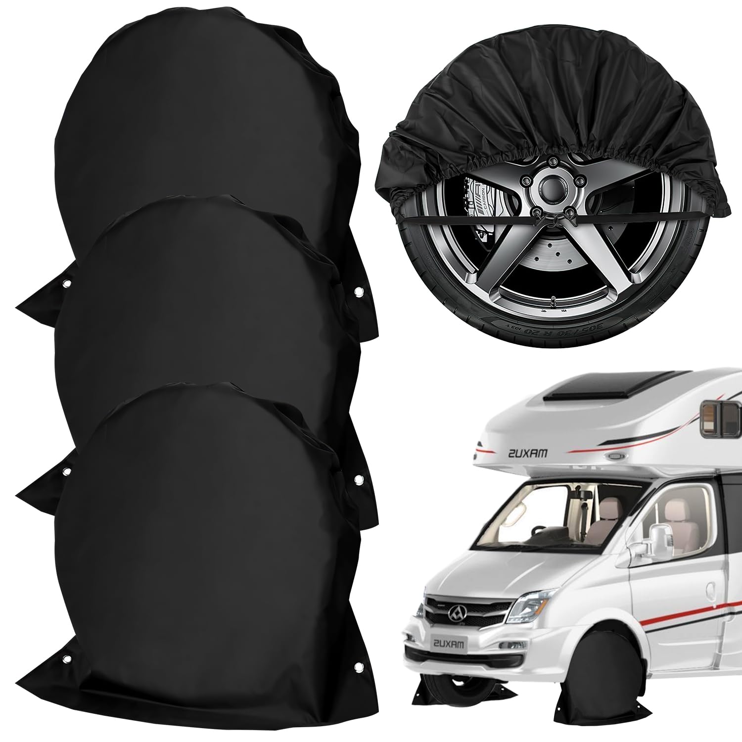 Housses De Pneus de Roue de Caravane pour Camping-Car Remorque Lot de 4 Imperméables Anti-UV pour Pneus de 27 à 29 Pouces de Diamètre 72,5 x 72,5 cm (Noir-4PCS)