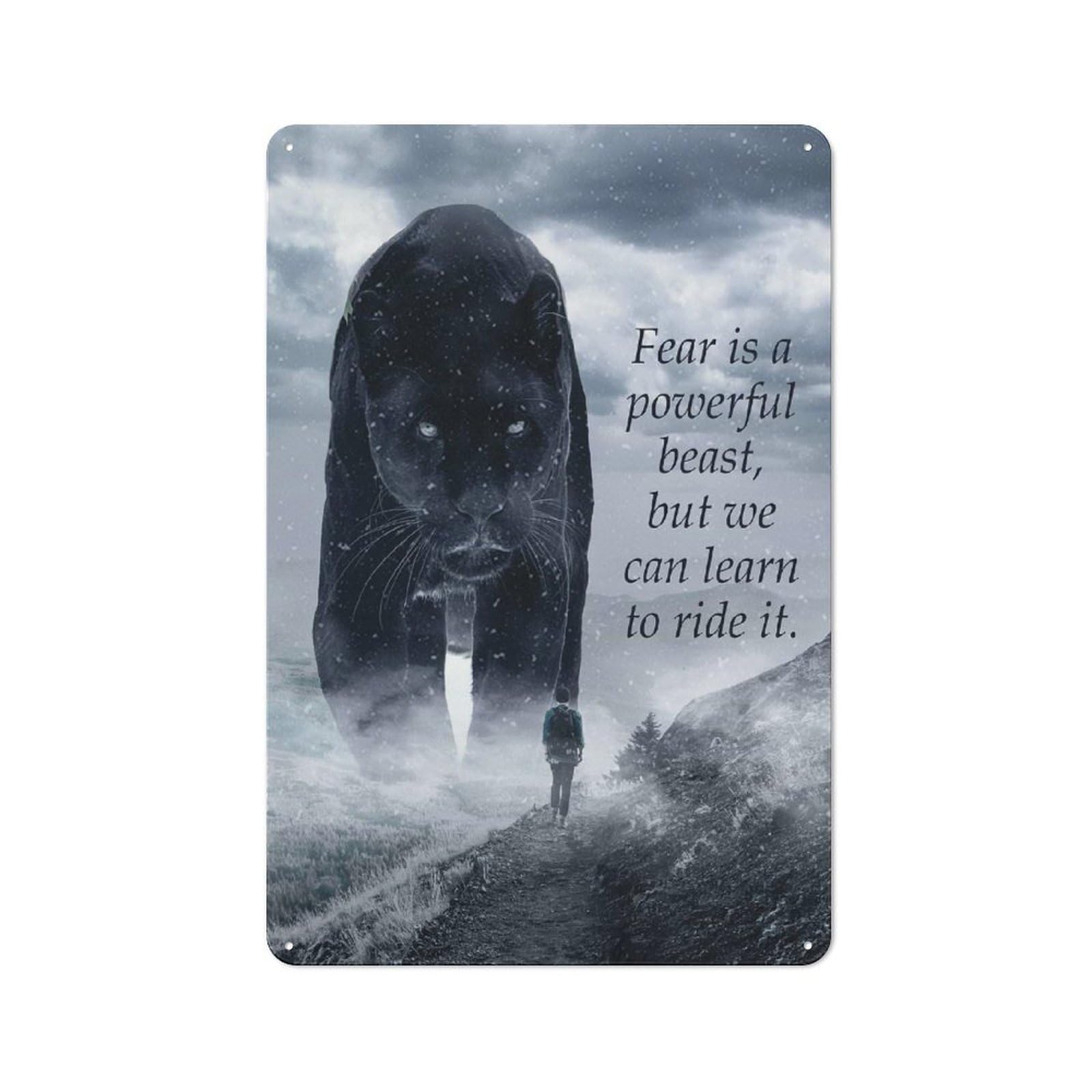 Junmoney Style-14 Fear Is A Beast Panther Rustic Metal Plaque 30X20cm For Café Or Restaurant, Wall Decor For People Reorganising Café And Restaurant