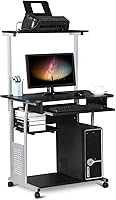 Vista 9 de Yaheetech Escritorio de computadora con ruedas de 3 niveles con bandeja para teclado y estante de impresora para oficina en casa, escritorio
