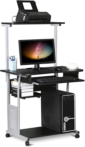 Miniatura 9 de Yaheetech Escritorio de computadora con ruedas de 3 niveles con bandeja para teclado y estante de impresora para oficina en casa, escritorio