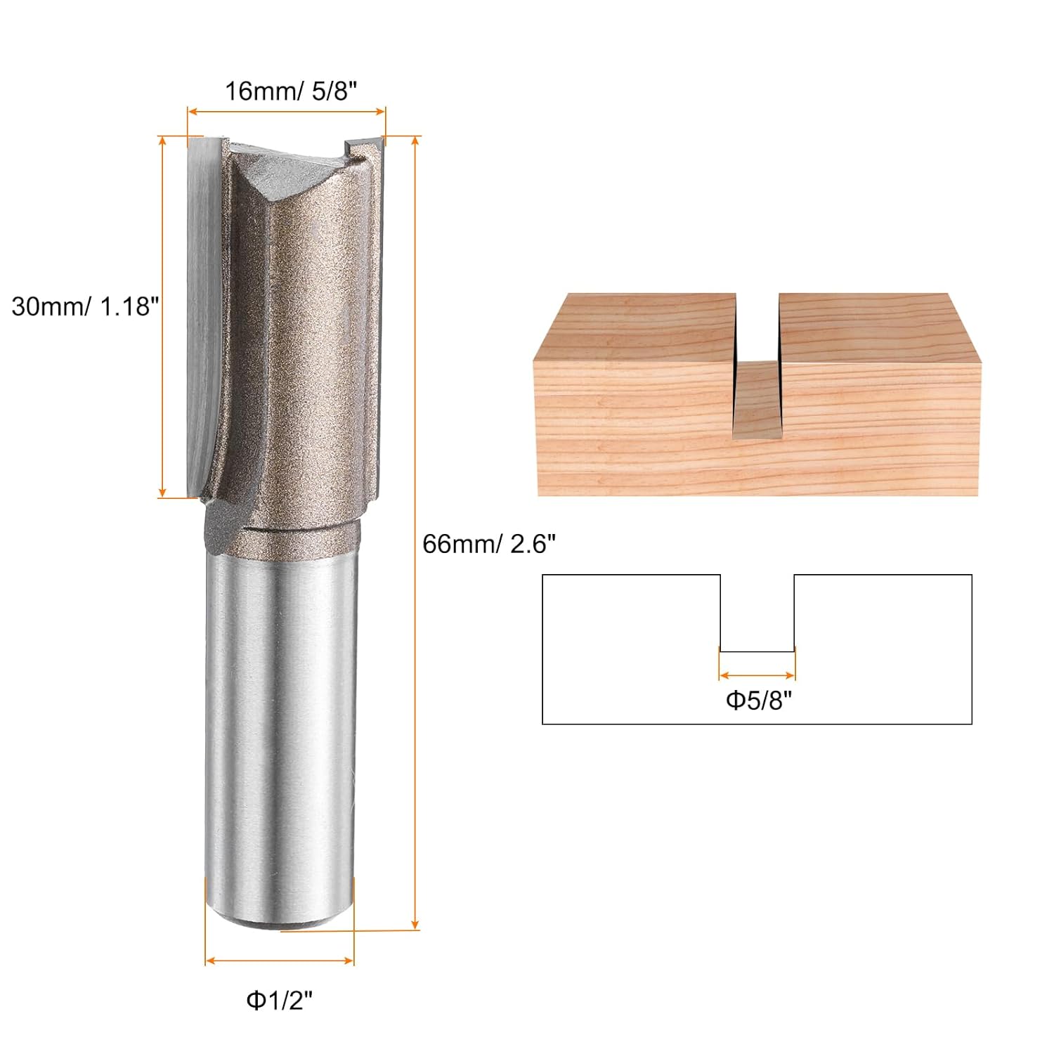 HARFINGTON 2pcs Straight Router Bit 1/2 Inch Shank 5/8" Cutting Dia, 2 Flutes 1.18 Inch Cutting Length YG6 Carbide Cutter with PTFE Heat Resistance Coating, Woodworking Grooving Trim Bit