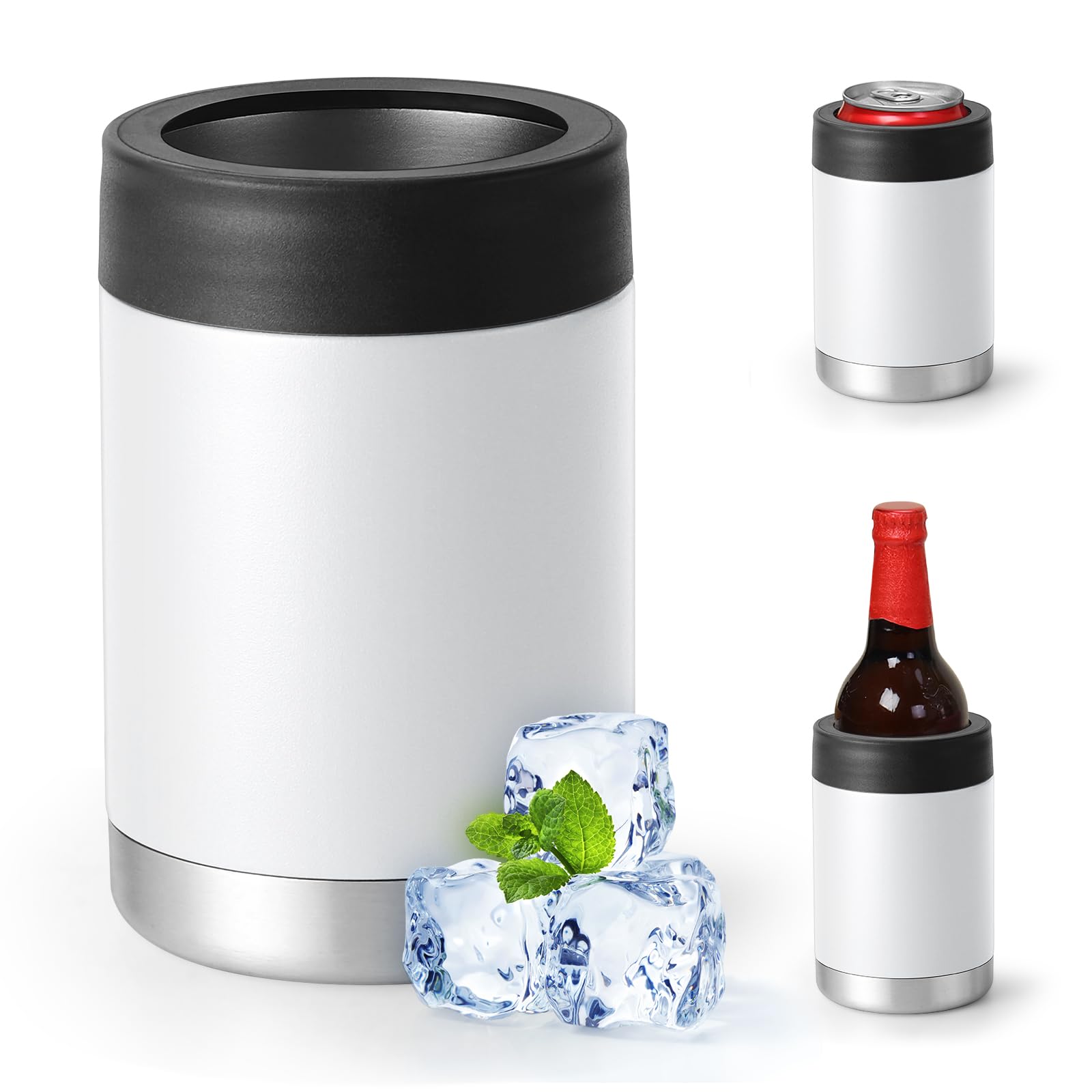 Can Cooler For Regular 12,14,16 oz or Slim-Size Bottles,Stainless Steel Double-Walled Insulated Beer Can Cooler (Single Lid-White, 16OZ)