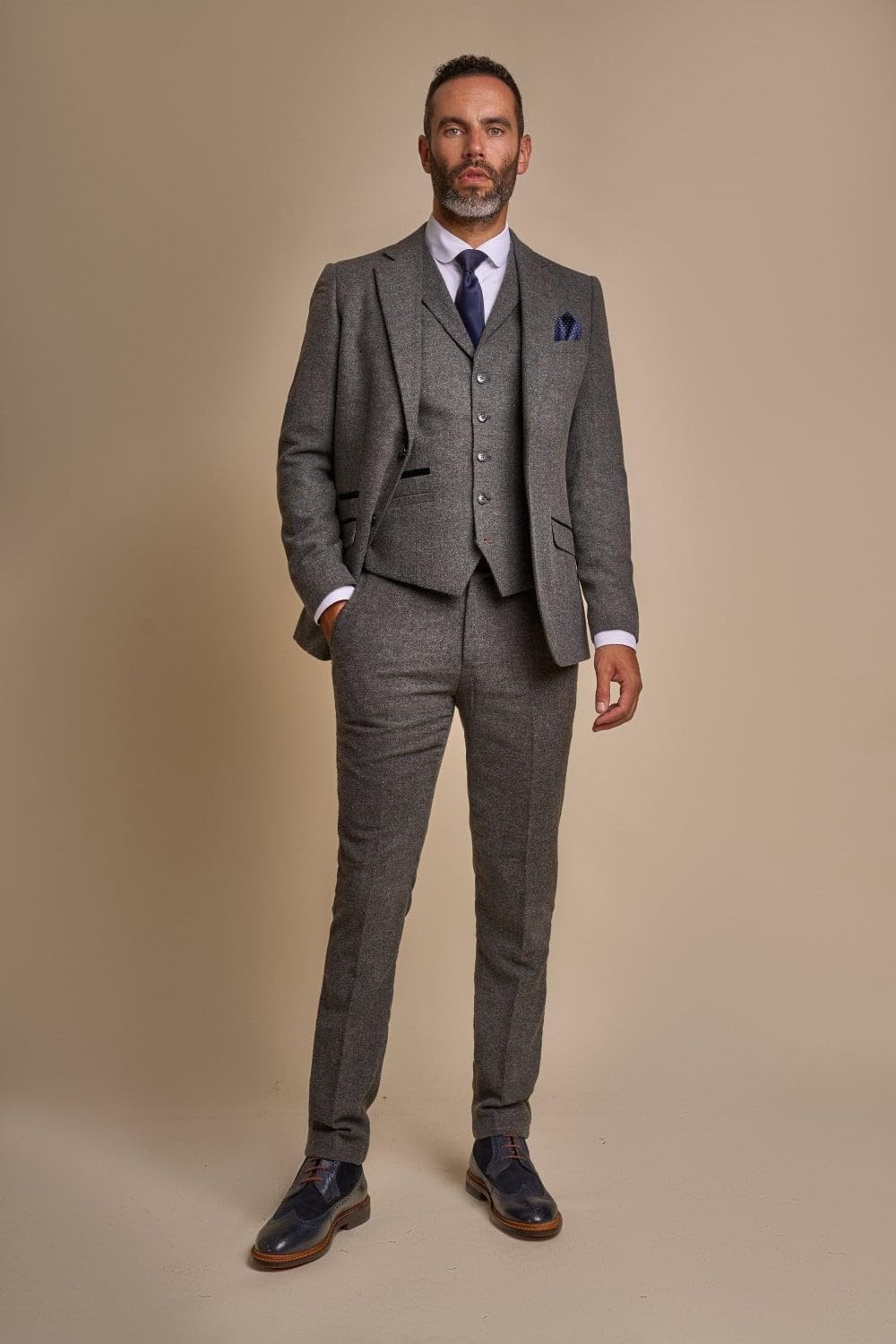 SIRRI Men's Herringbone Tweed Slim Fit 3 Piece Gray Suit Sold Separately