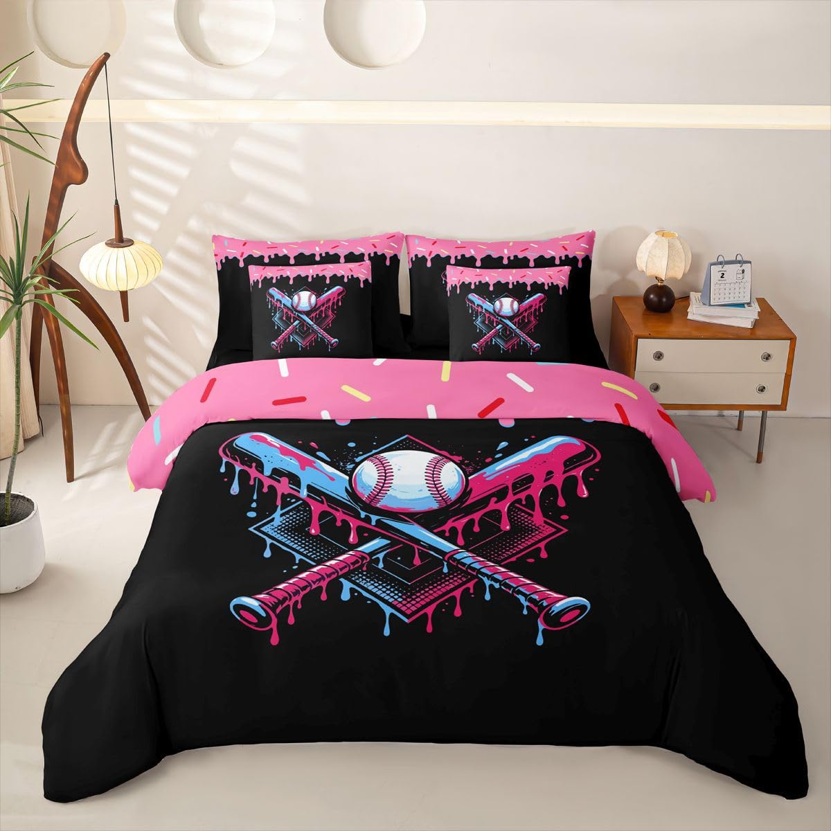 Loussiesd Juego de funda de edredón de béisbol tamaño Super King de 7 piezas, ropa de cama para niños y niñas, juego de cama con funda de edredón, sábanas, fundas de almohada, fundas de cojín