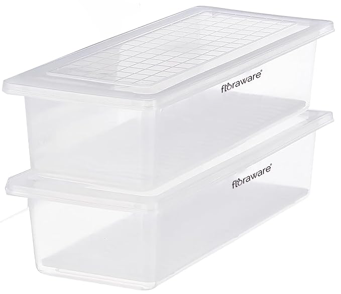 Floraware Plastic Fridge Storage Box, Multipurpose Box With Drain Plate At Bottom 1400Ml Bpa Free, Transparant, Pack Of 2