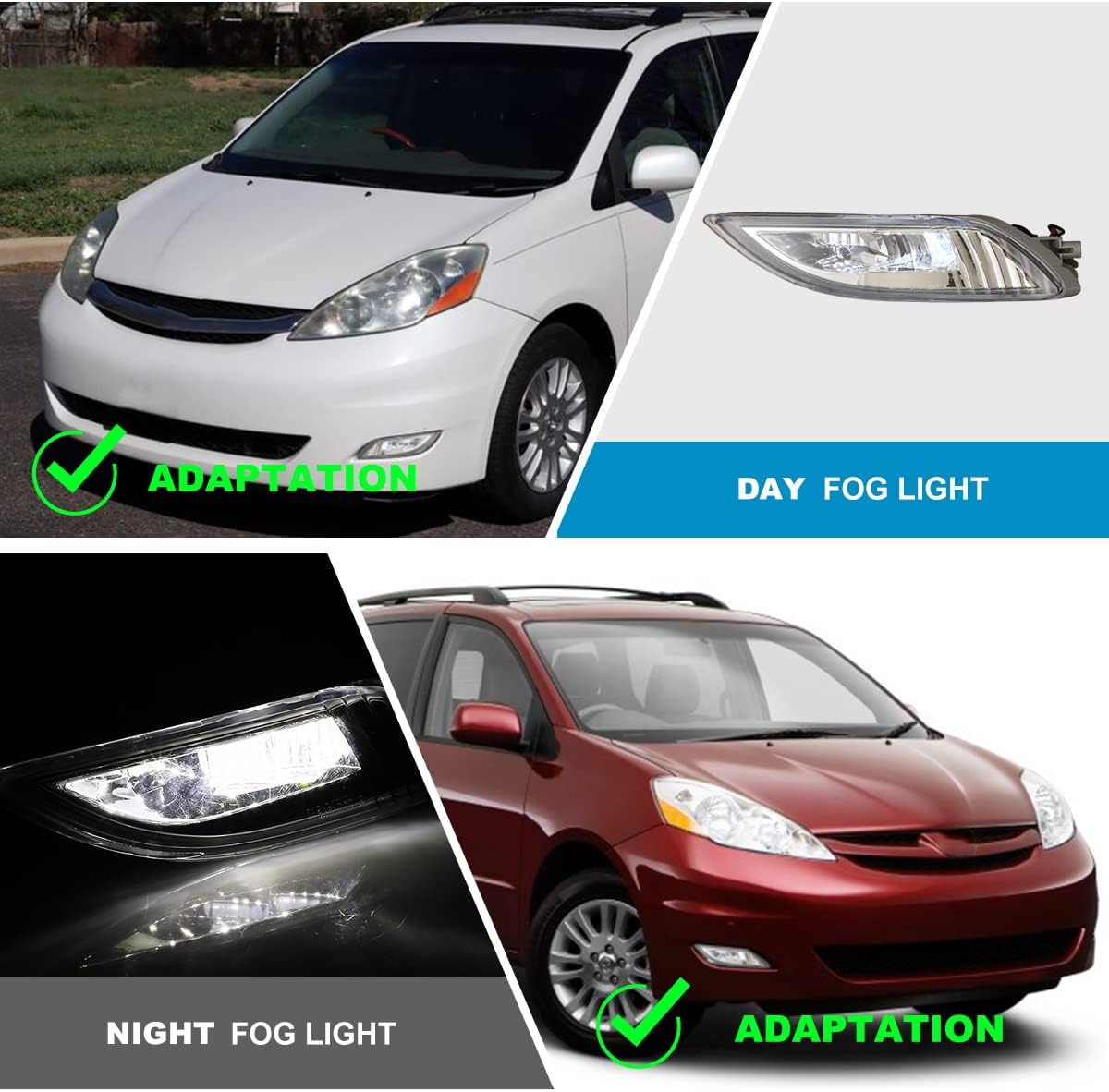 CPW OEM Fog Lights Assembly Fit For 2006 2007 2008 2009 2010 Toyota Sienna, Driver & Passenger Driving Led Fog Lamps Replacement w/Wiring Harness + Switch (Black Housing Clear Lens)