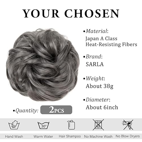 Miniatura 2 de SARLA 2 extensiones de moño de cabello ondulado, rizado, sintético, para mujeres y niñas, color gris