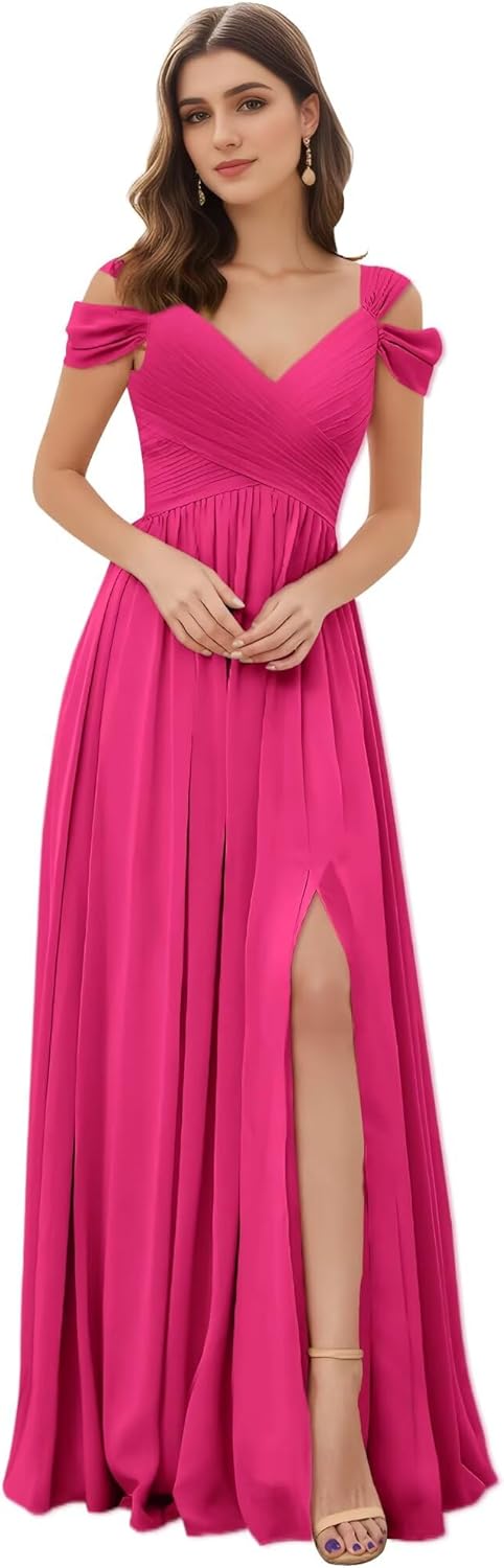 Women's Off The Shoulder Bridesmaid Dresses A-Line Formal Dresses Slit V-Neck Ruched Chiffon Evening Party Gowns