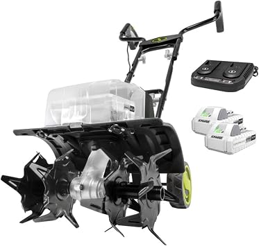 Sun Joe 24V Cordless Garden Tiller Cultivator Kit with Battery and Charger for Weeding, Soil Aeration and Prepping Plant Beds, Black, 24V-X2-TLR14