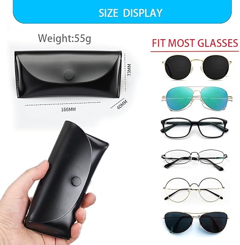 Vista 3 de Funda negra antigolpes, funda de cuero portátil resistente a la presión para gafas de sol con 1 paño para lentes, carcasa rígida y ligera, Negro