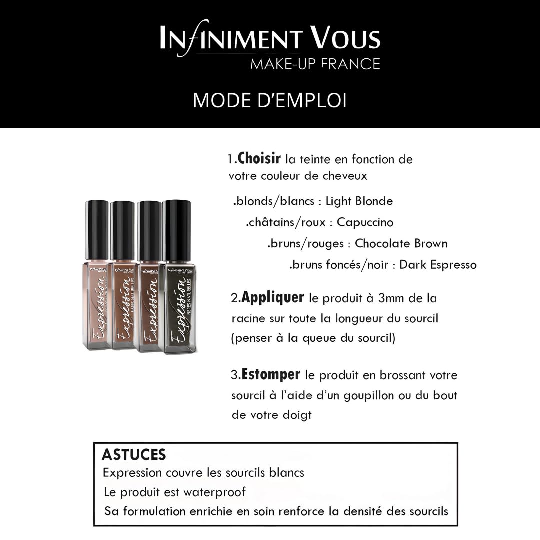 Infiniment You Make Up France- Makeup Brwi Expression Natural Fiber Chocolate, kolorowy tusz do rzęs, ołówek do brwi, tusz do rzęs, utrwalacz brwi, makijaż, farbowanie brwi