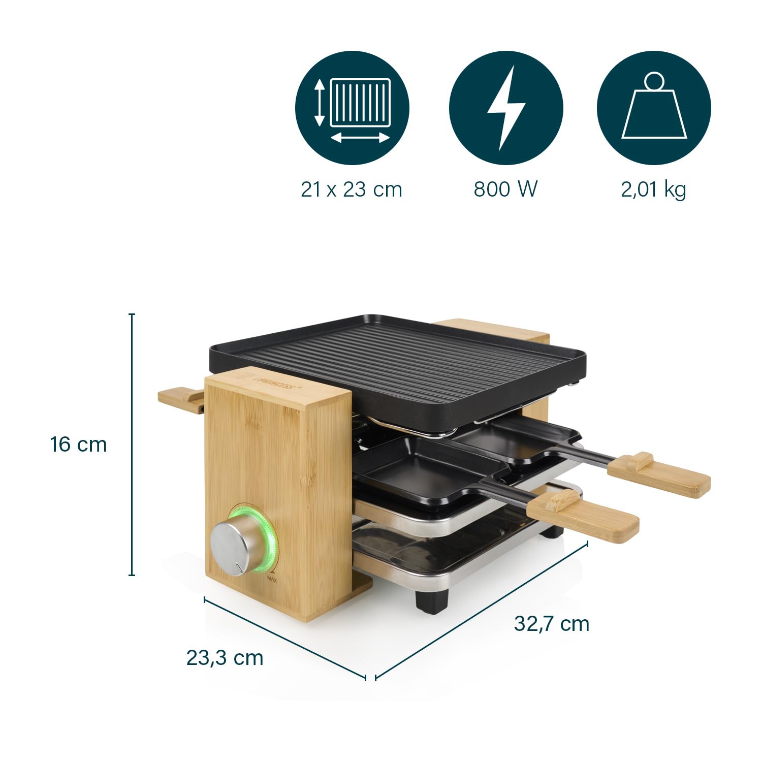 Princess Appareil à Raclette Pure 4, Pour 4 Personnes, Finition en Bambou Élégante, Plaque Réversible Grill et Teppanyaki, Thermostat Réglable, Facile à Nettoyer, 800 W, Noir, 01.162950.01.001