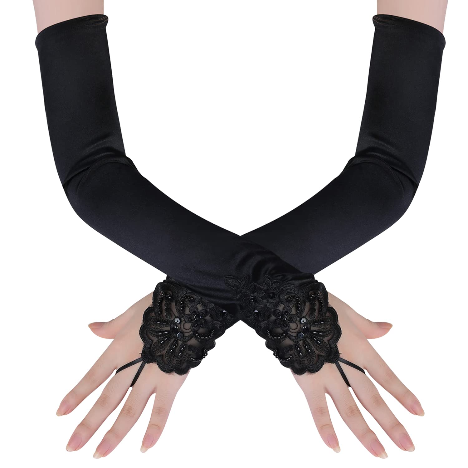 BABEYOND Long Opera Party 20s Satin Gloves Stretchy Adult Size Elbow Length - Black