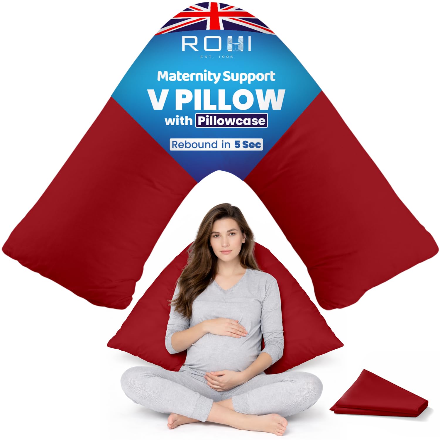 Rohi Red Orthopaedic V Pillow With Pillowcase – Anti Allergy Triangle Pillows For Adults, Nursing, Maternity & Pregnancy – Extra Hollowfibre Cushioning To Supports Neck, Head & Back (Red)
