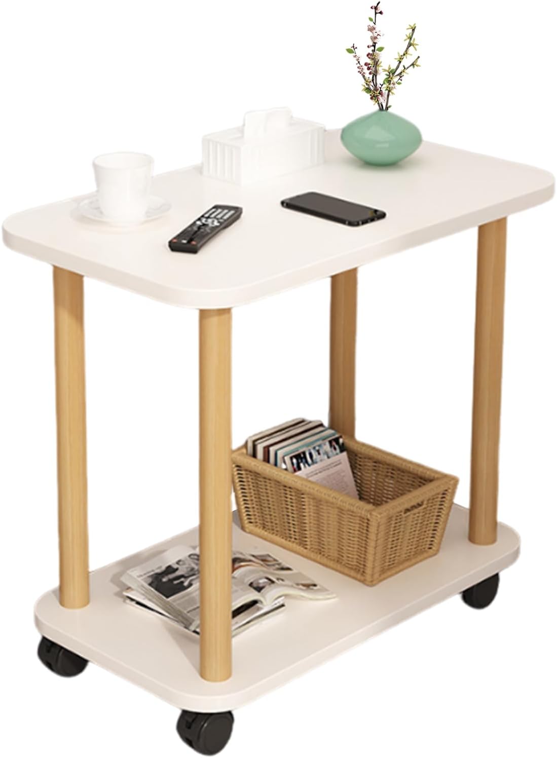 Side Table on Wheels, 2 Tier Mobile End Table with Open Shelf, 360 Swivel Castors, Space Saving Sofa Table, Bedroom or Living Room, Solid Wood Frame, 60 x 30 x 47 cm (White)