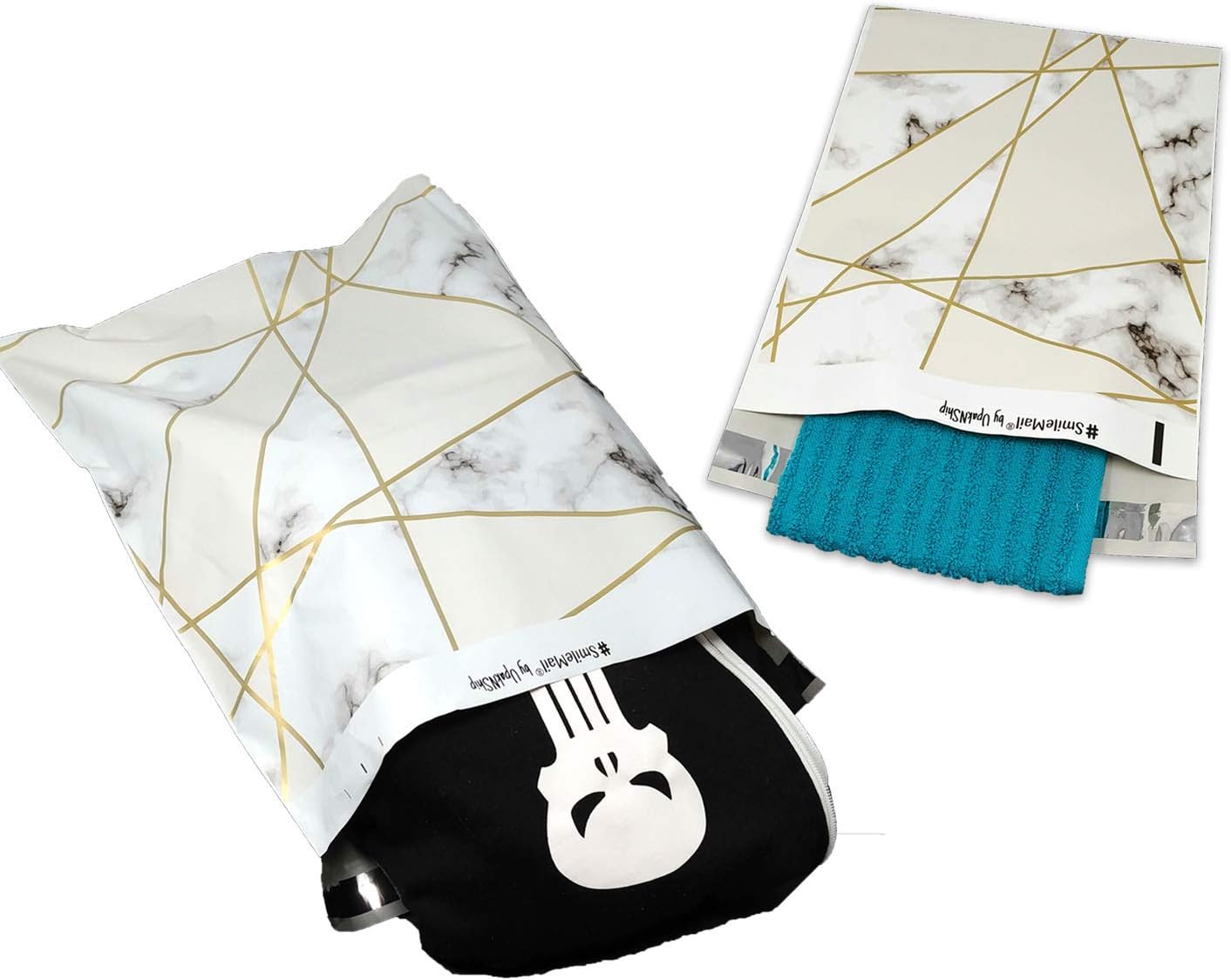 10x13, 14x17 Inch 100 Pack Marble Tile Poly Mailers, Mosaic Gold Geometric Envelope Plastic Custom Mailing & Shipping Bags W/Kissy Stickers (10x13 Inch)