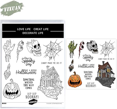 Miniatura 3 de Juego de sellos transparentes espeluznantes y troqueles de corte de metal con diseño de calavera de calabaza de Halloween con paquete de caja de