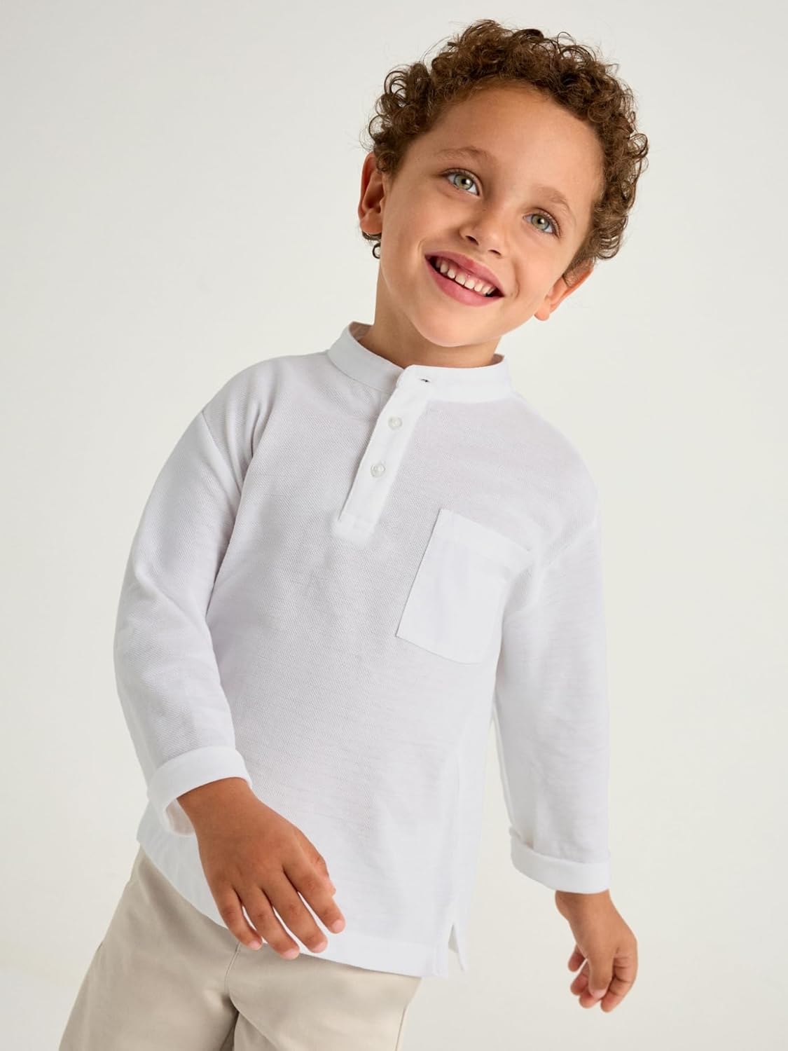 Mayoral L/s Mao-Collar Polo Shirt for Boys White