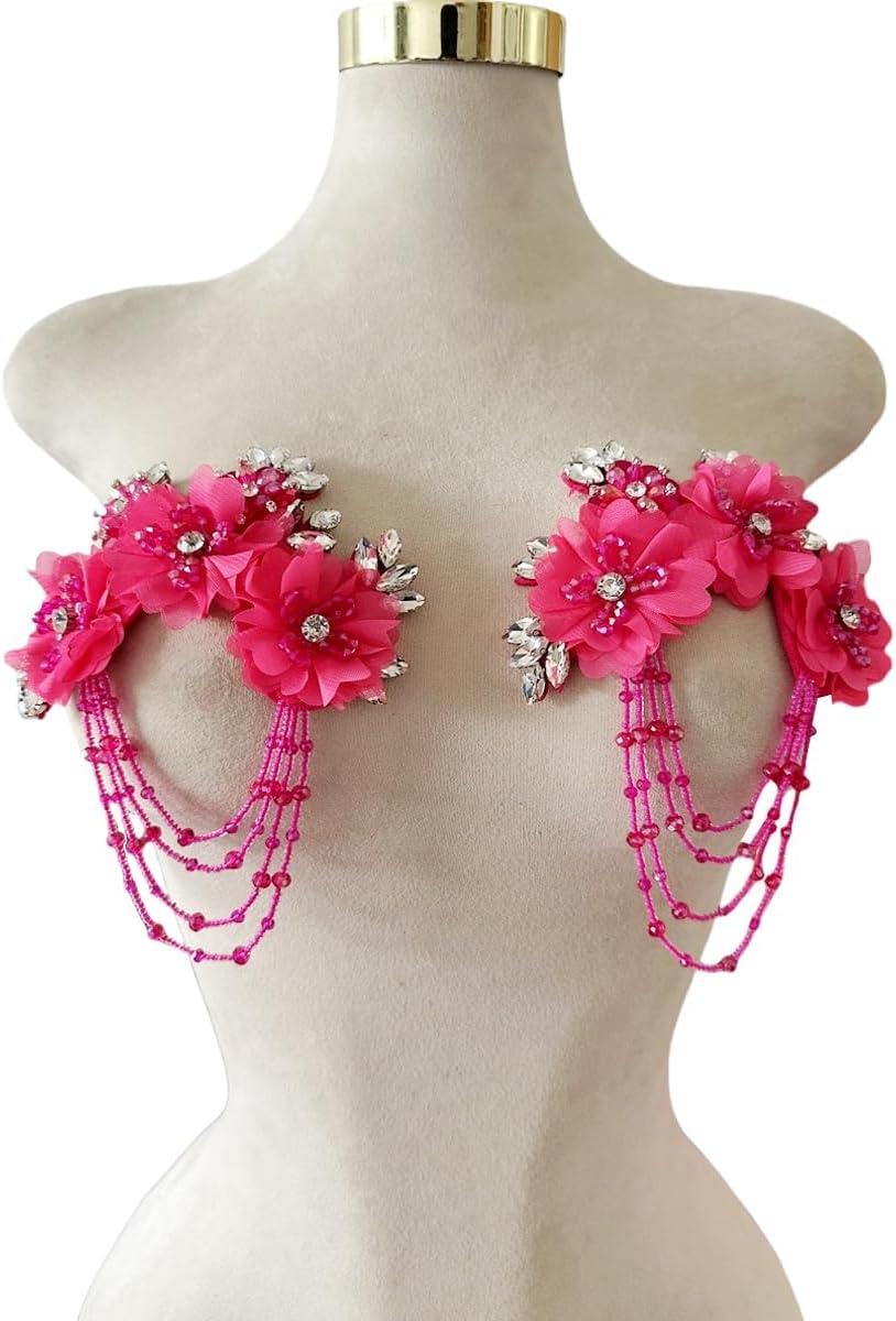 3D Three-Dimensional Flower Rhinestone Applique Sewing Shining Beads Stones Trim Crystal Fringe Patches for Dress Bridal DIY Crafts 2pcs/Set 5.5X6.8inches (Light Purple)