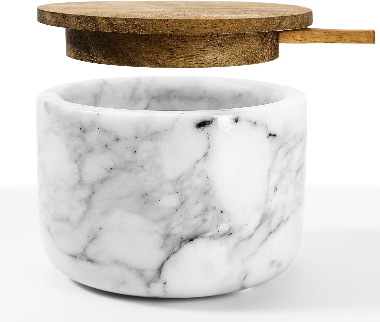 Salt and Pepper Bowl, Marble Salt Cellar and Spices Storage Container With Built-in Spoon and Acacia Wood Lid - 6.5oz Capacity (White)