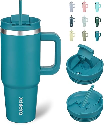 Miniatura 30 de BJPKPK Vaso de Acero Inoxidable de 30 oz con Asa, Vasos Térmicos Aislantes con 2 Pajitas, Taza de Café de Viaje con Tapa, Chicle Bubble gum,Verde