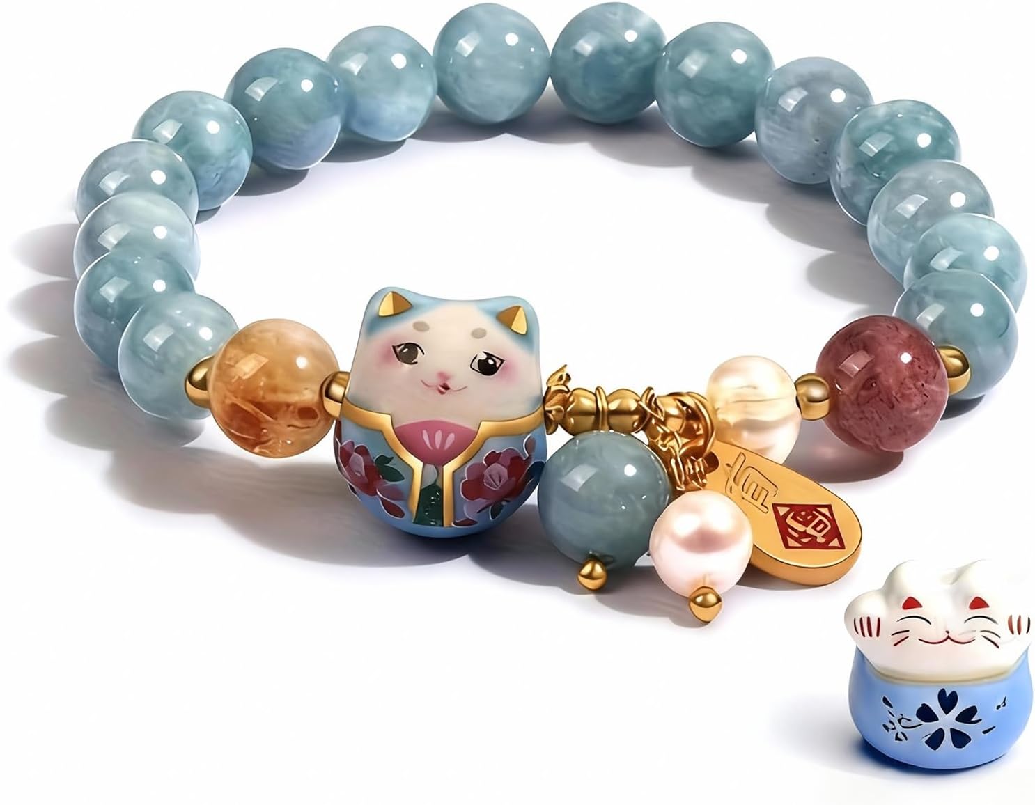 Blue Crystal luck Cat Bracelet and Cat Ceramic Ornament Feng Shui Bracelet for Women Protection Positive Energy Bracelet Lucky Jewelry Gifts