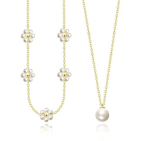 OGD Gold Pearl Necklaces Set for Women 14K Gold Plated Dainty Layered Pearl Cute Daisy Pearl Choker Gold Necklace Gifts for Women Gold Trendy Jewelry Gifts