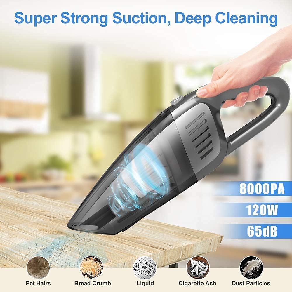KOVEBBLE Portable Cordless Car Handheld Vacuum Cleaner, Strong Suction 8000PA, High Power 120W, Wet & Dry Use, Quick Cleaning for Vehicle, House, Office -