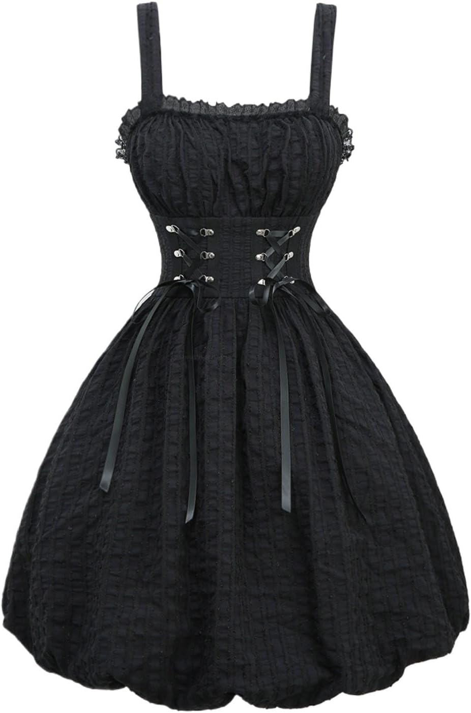 DRESSFO Gothic Dress Vintange Victorican Lolita Knit Ruched Lace Up Ruched Bubble Tank Dress - Image 3