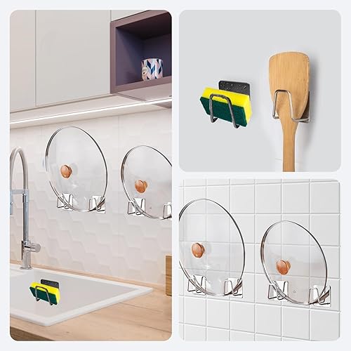 Miniatura 6 de Paquete de 2 ganchos de cocina de acero inoxidable a prueba de óxido, ganchos adhesivos resistentes para utensilios, toallas y utensilios de cocina,