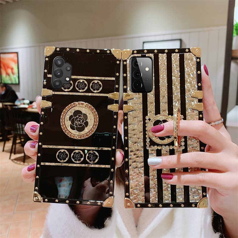 Image of for Samsung Galaxy A34 5G Trunk Case Luxury Box for Women Girls Design Gold Glitter Bling Cute Flower Pattern Soft Cover with Finger Ring Grip Kickstand Fancy Phone Skin,Black