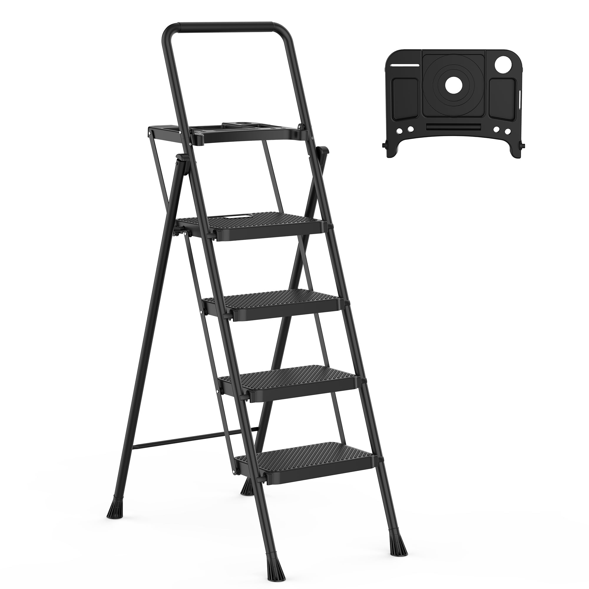 HBTower Step Ladder, Folding Step Stool with Wide Anti-Slip Pedal, Sturdy Steel Ladder, Convenient Handrail, Lightweight, Portable Steel Step Stool