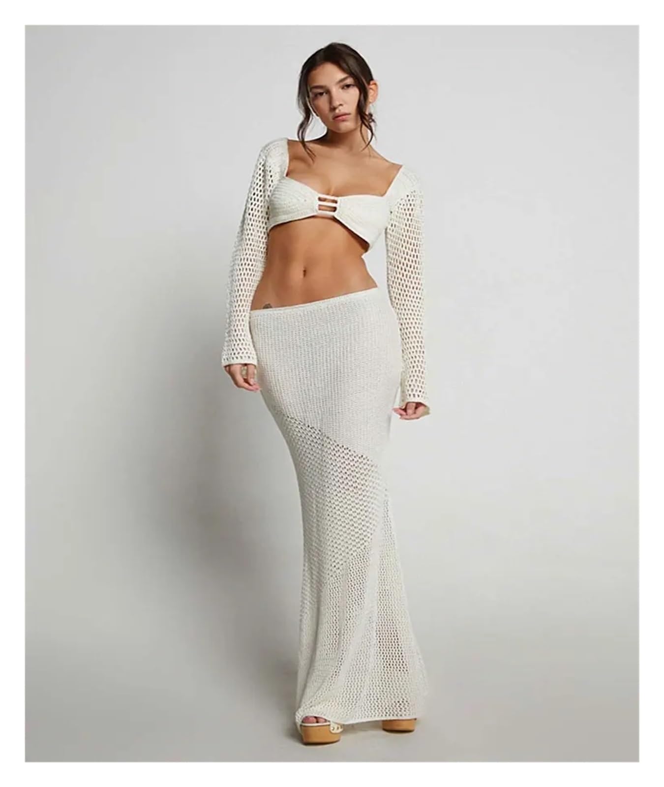 Bikini Cover Ups Été Femmes Blanc attaché à Manches Longues Hanche décontracté évider tricoté Jupe Longue Costume Bikini Couvrir Robe de Plage(White,M)