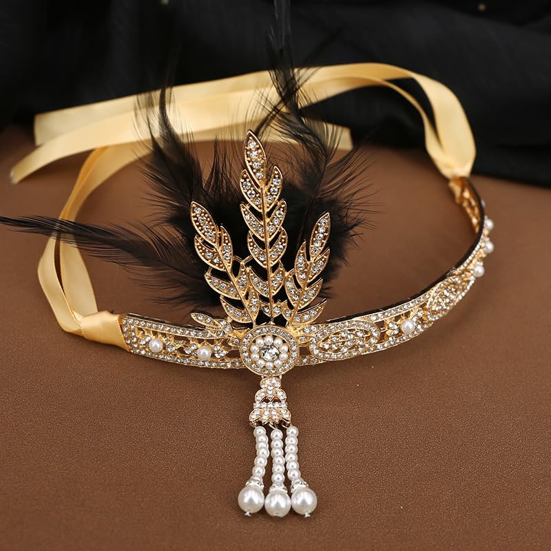 LEEMASING 1920s Flapper Rhinestones Pearls Feather Headband Vintage Gatsby Headpiece Crystal Hair Headband For Party Festival Wedding Costume (Gold With Feather)