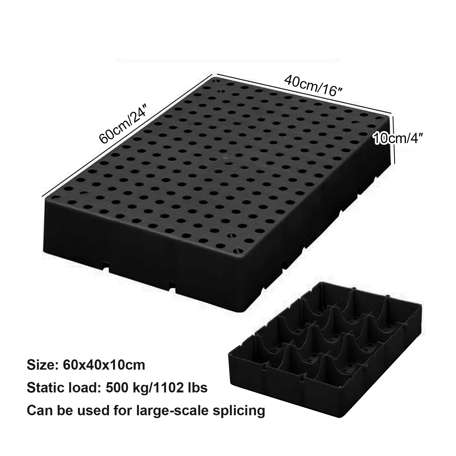 Palette plastique, Palettes de sol légères et imperméables, Plateformes de rangement emboîtables avec grilles respirantes, pour Intérieur/Extérieur, Garages et sous-sols(Black,60x40cm/24x16in)