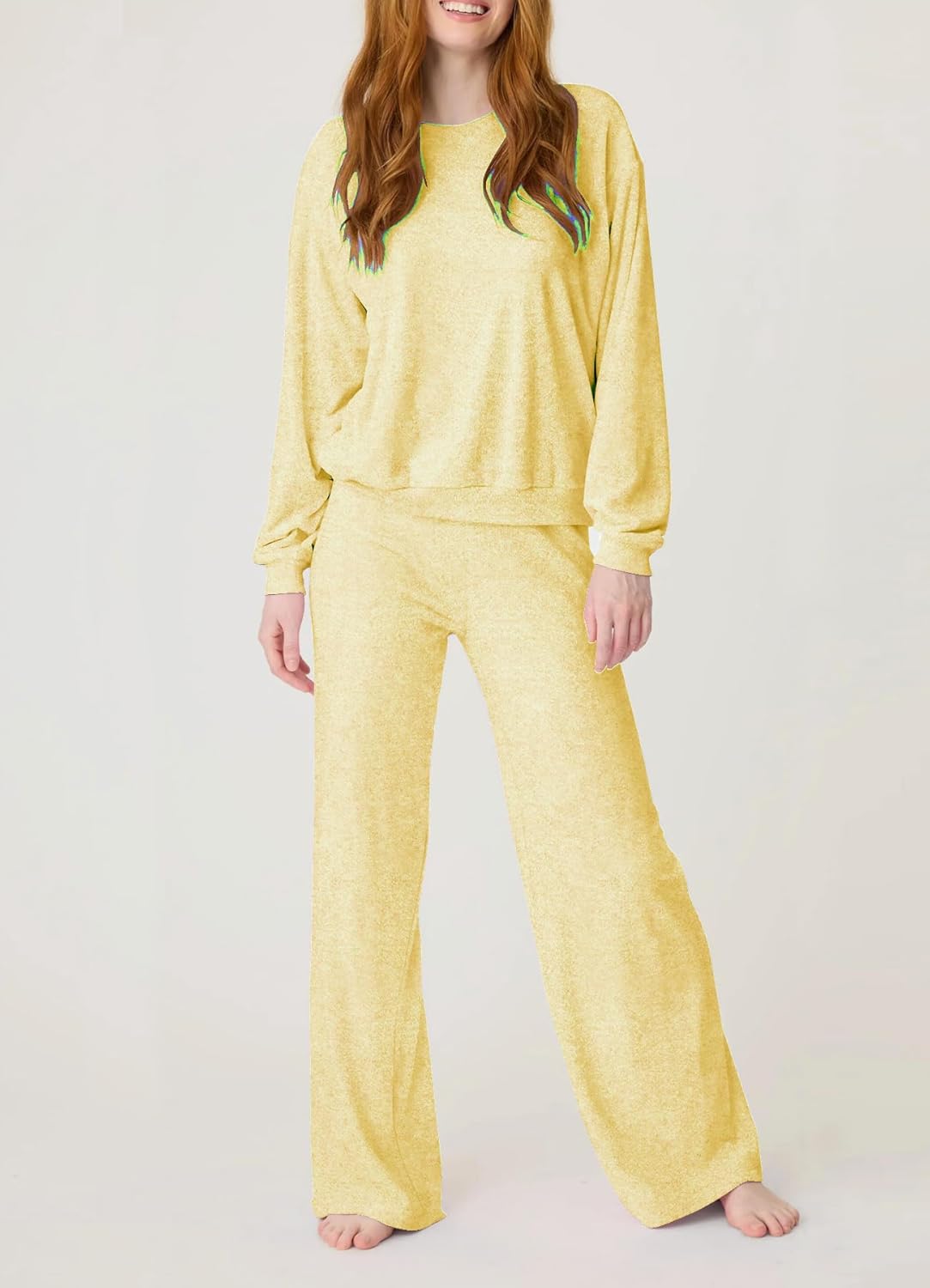 Aamikast Women's 2-Piece Lounge Set Soft Brushed Jersey Sleepwear Pajamas Set Long Sleeve Top & Wide Leg Pants