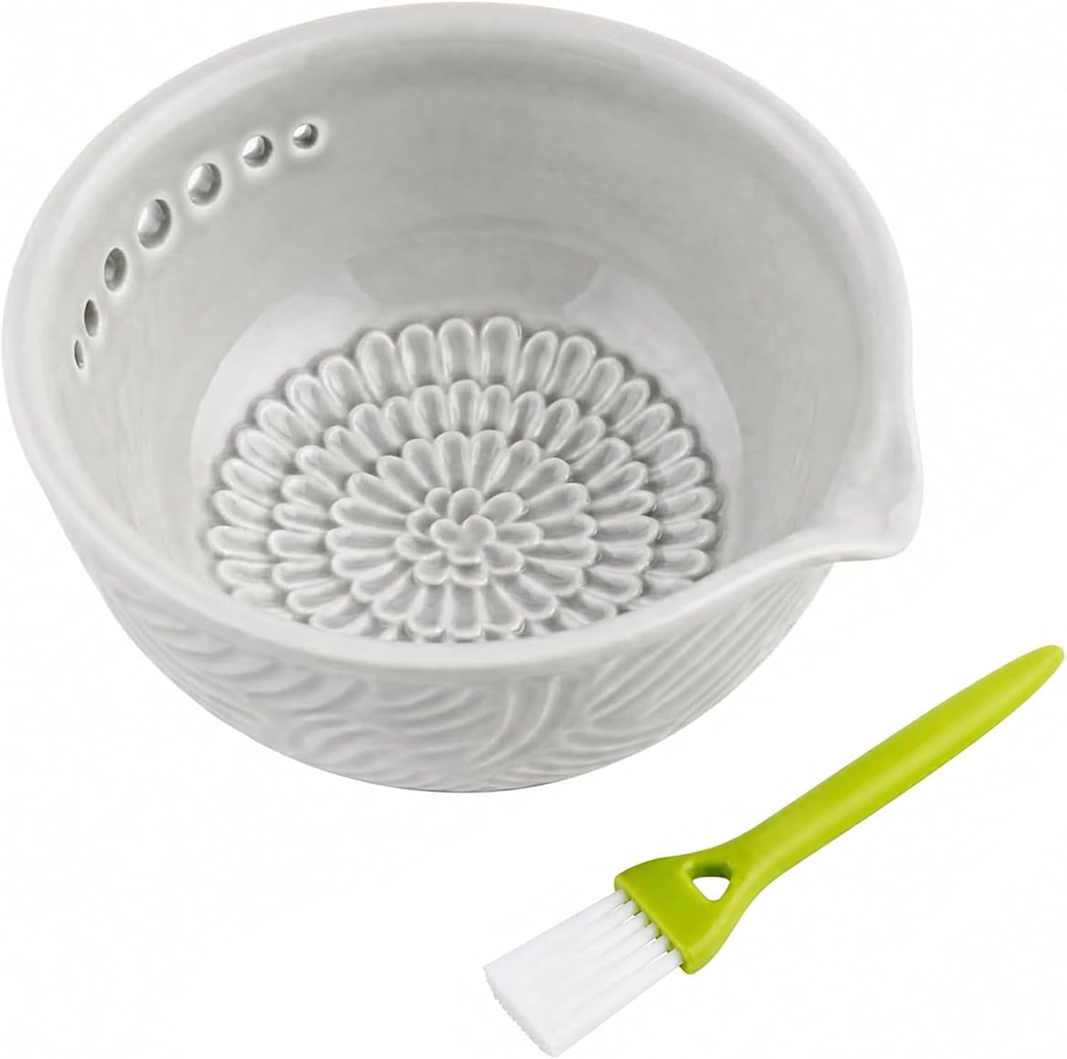 3‑in‑1 Ceramic Grater Bowl, Handmade Ginger Grater Bowl, Garlic Grater Plate, 7 Holes Herb Stripper Multi-Functional Kitchen Tools for Garlic, Chocolate, Herbs with Cleaning Brush