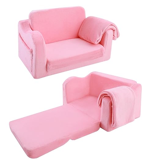 MeMoreCool Kids Couch Fold Out Toddler Chair, Flip Out Kid Sofa Bed with Blanket, Baby Lounger Chair to Convertible Couch for Boys Girls, Comfy Foam Child Chair Pull Out Couch for Playroom