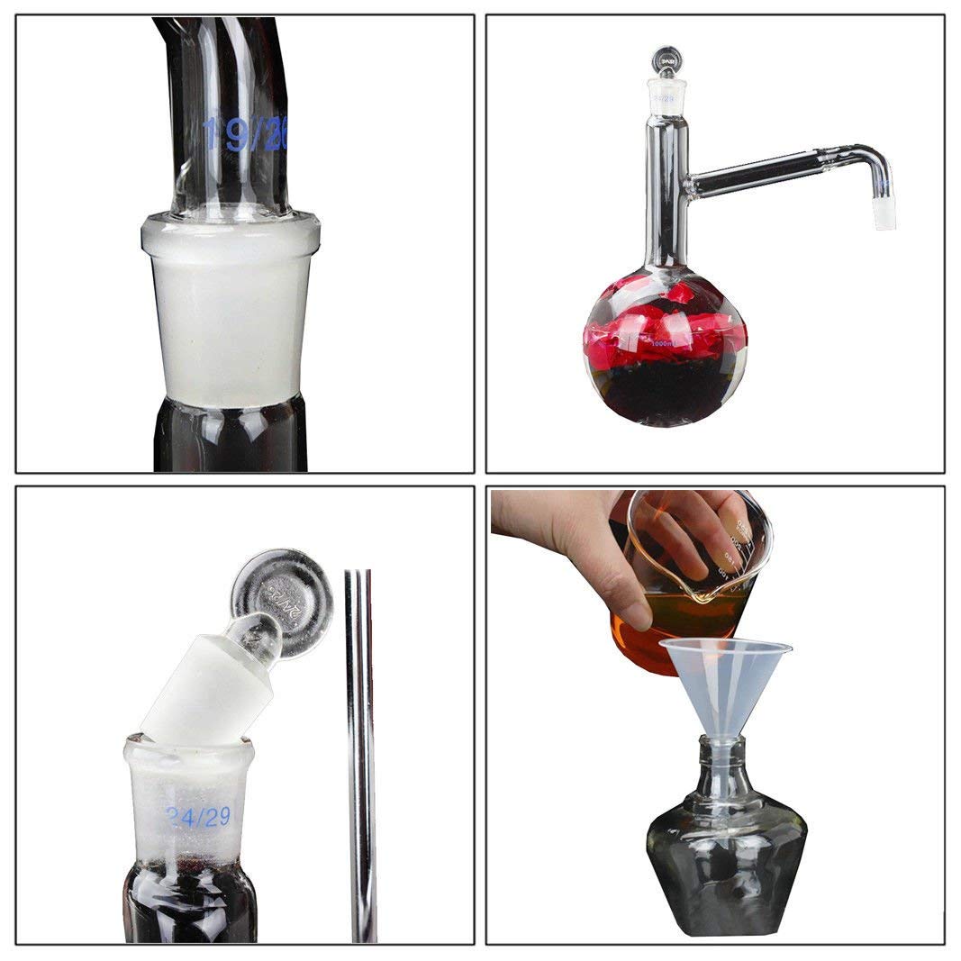 Fayelong Apparecchiature per Distillazione Laboratorio 1000 ml Distillatore Acqua per Oli Essenziali Attrezzature per la Vetreria Laboratorio Chimica Distillazione a Vapore Depuratore