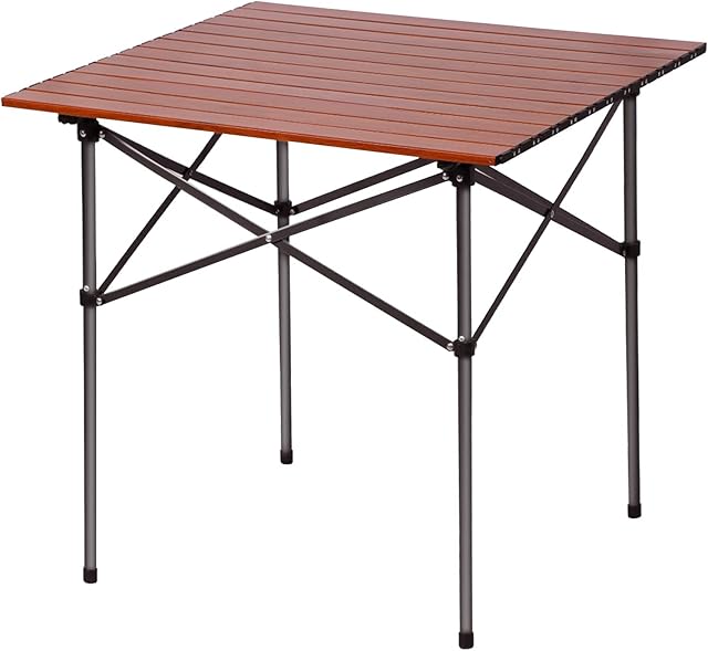 Portal Folding Aluminum Camping Table Square Table Roll Up Top 4 People Compact Garden Table with Carry Bag for Picnic Camp Backyard BBQ, Brown