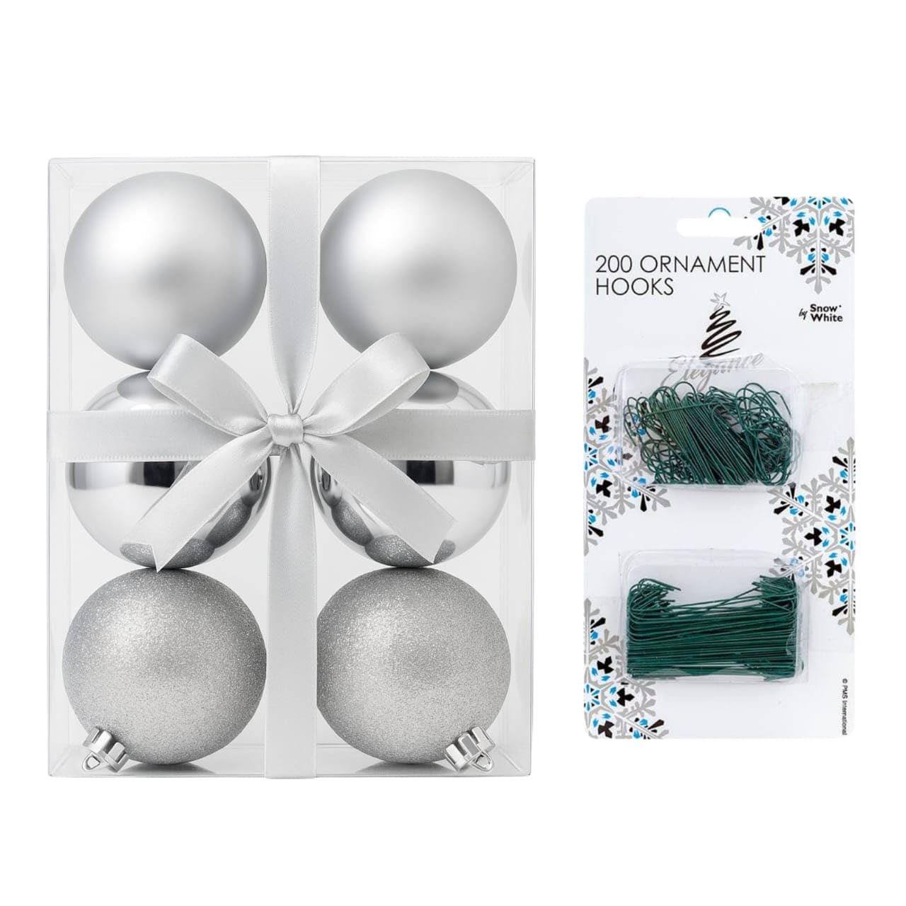 Homesecret 6Cm - 6 Pcs Silver 6Cm/3Cm 6 Pcs With 200 Bauble Hooks Christmas Tree Baubles Multiple Variation In Silver | Shatterproof Glitter Christmas Baubles | Elegant Hanging Ornament Balls For Xmas Tree & Festive Holiday Décor.
